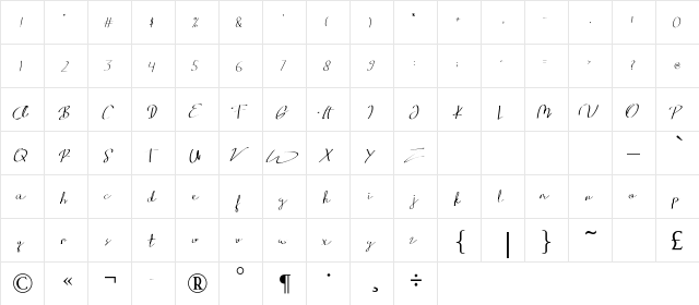 Baligraphy Regular  glyph index