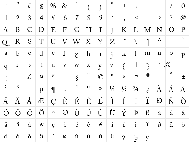 Caslon SSi Regular  glyph index