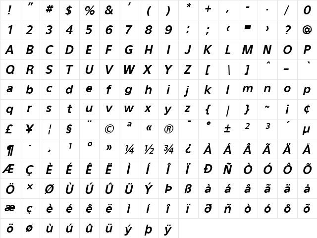 Eau Sans Bold Oblique  glyph index