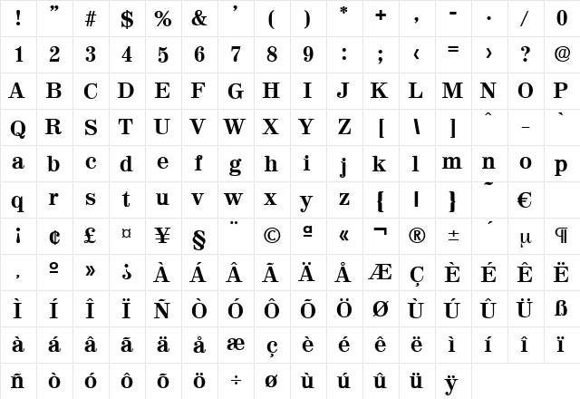 Valencia-Bold Regular  glyph index