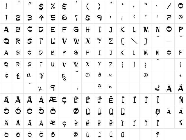Palamino-NO Regular  glyph index