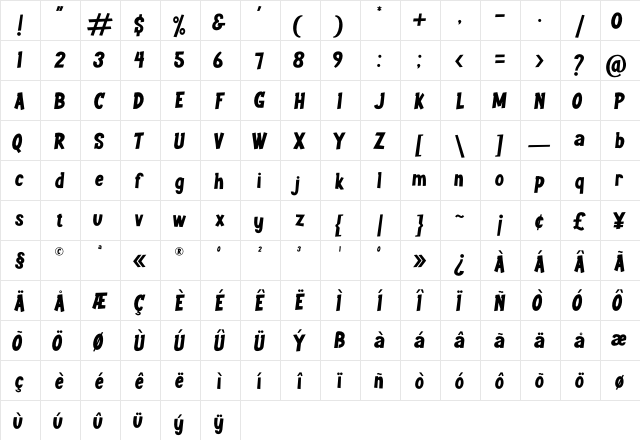 Youth wright Regular  glyph index