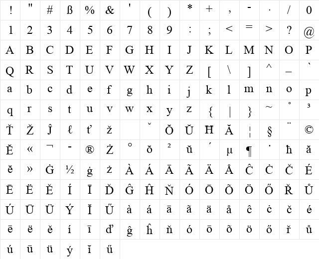 Liborsoft Latin H Regular  glyph index