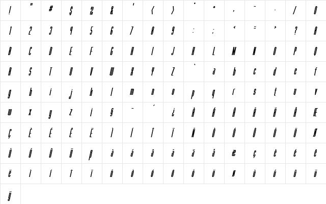 Fanatique Bold Italic  glyph index