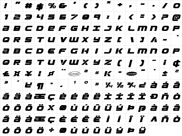 Ozda Expanded Italic Expanded Italic  glyph index