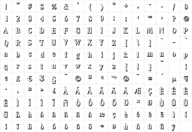 DenverShadow-Xbold Regular  glyph index