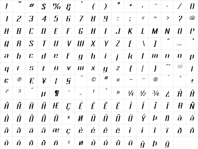 Pecot Oblique Regular  glyph index