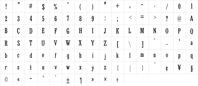 BruskovayaNarrow Regular  glyph index