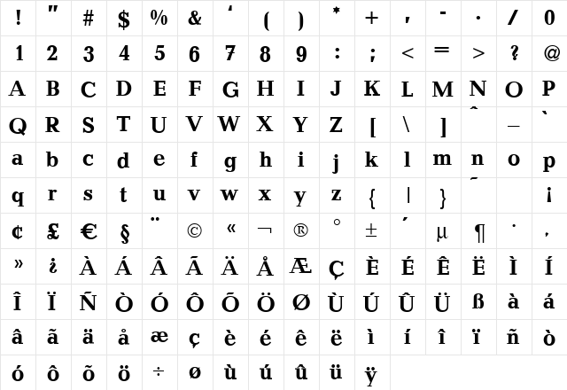 Quantity Bold  glyph index