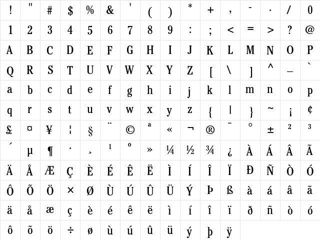 ITC Cheltenham Book Condensed  glyph index