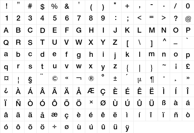 Neue Helvetica BQ Regular  glyph index