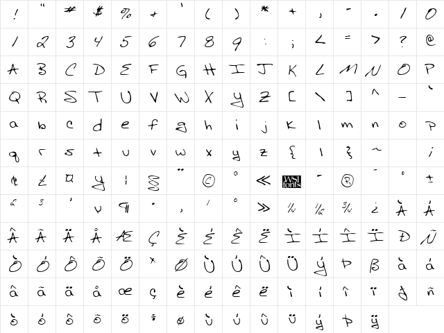 AdamsHand Regular  glyph index