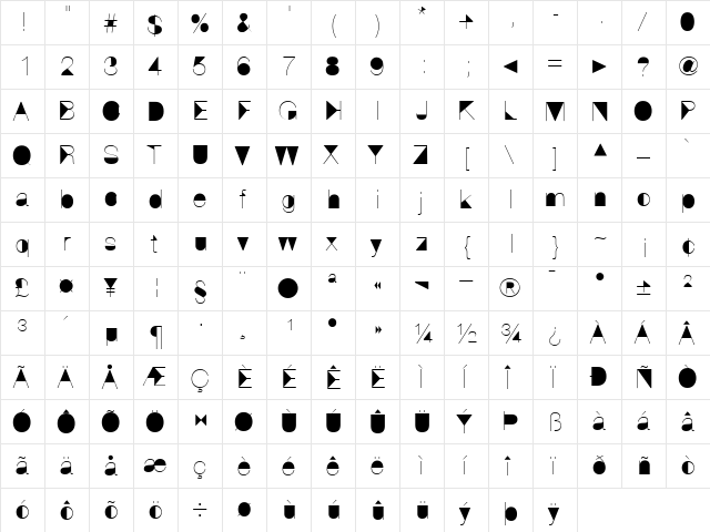 Black Eye Nue Light  glyph index