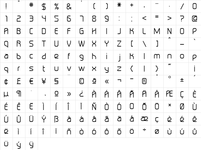 TurboLight Regular  glyph index