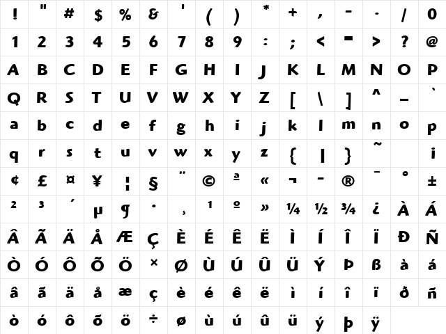 Highlander ITC TT Bold  glyph index