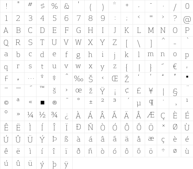 Apex Serif Light Regular  glyph index