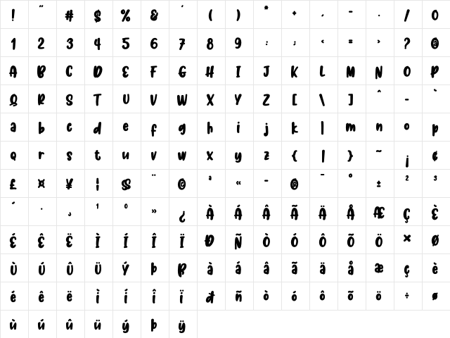 Createland Regular  glyph index