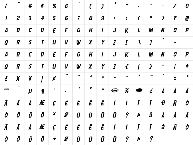 Worm Cuisine Bold Italic Bold Italic  glyph index