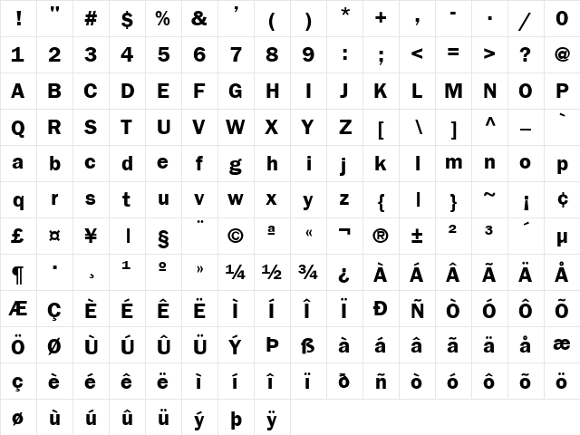 FrankfurtGothic Bold  glyph index