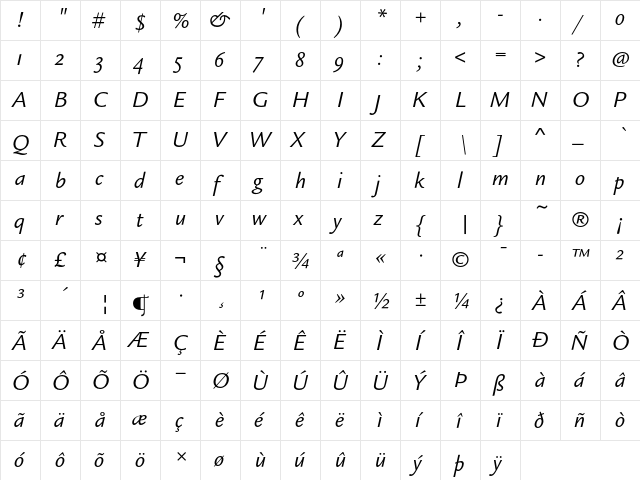 Legacy Sans ITC Book Italic OS  glyph index