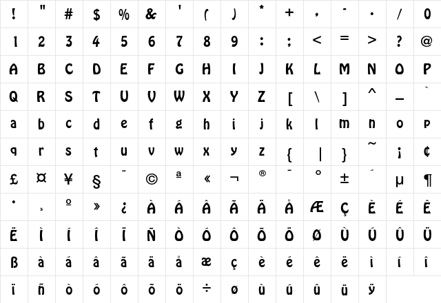 Hobo Regular  glyph index