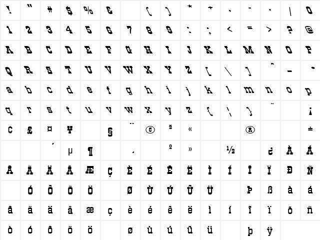 Old-Town Ex Lefti Regular  glyph index