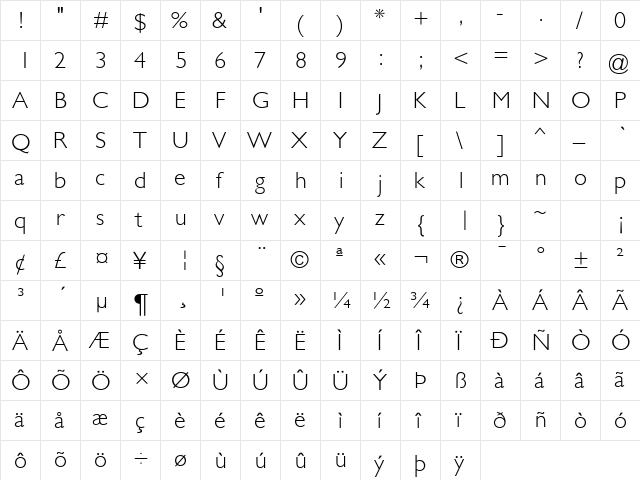 Garrison Light Sans Regular  glyph index