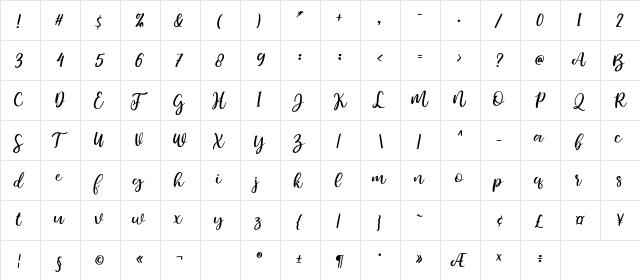 Bamella Italic  glyph index