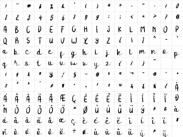 Tuesday Blink Regular  glyph index