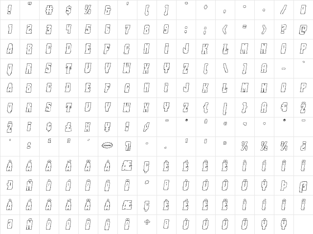 Bog Beast Outline Italic Italic  glyph index
