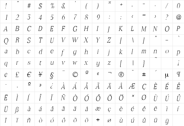 ToledoSerial-Xlight Italic  glyph index