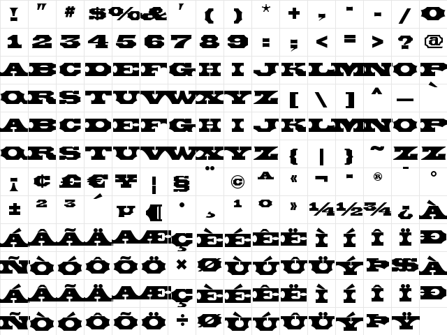 MexiaWBW Regular  glyph index