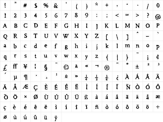 Irregular Bold  glyph index