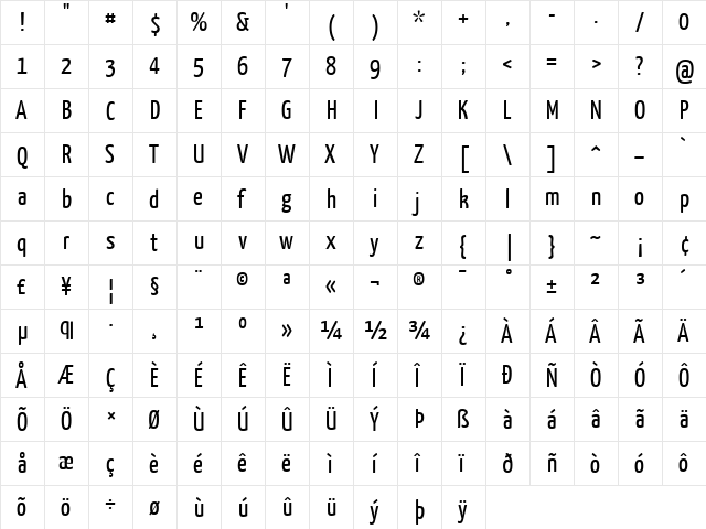 Yanone Kaffeesatz Regular  glyph index