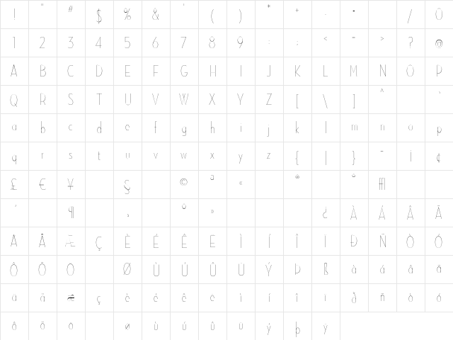 NeutrafaceCondensedPS Thin  glyph index