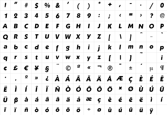 KoblenzSerial-Xbold Italic  glyph index