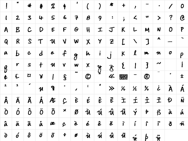 ArdleysHand Bold  glyph index