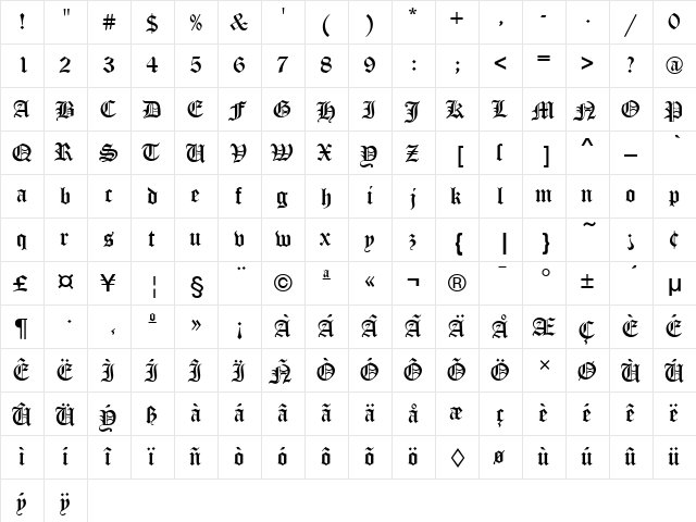 Canterbury Regular  glyph index