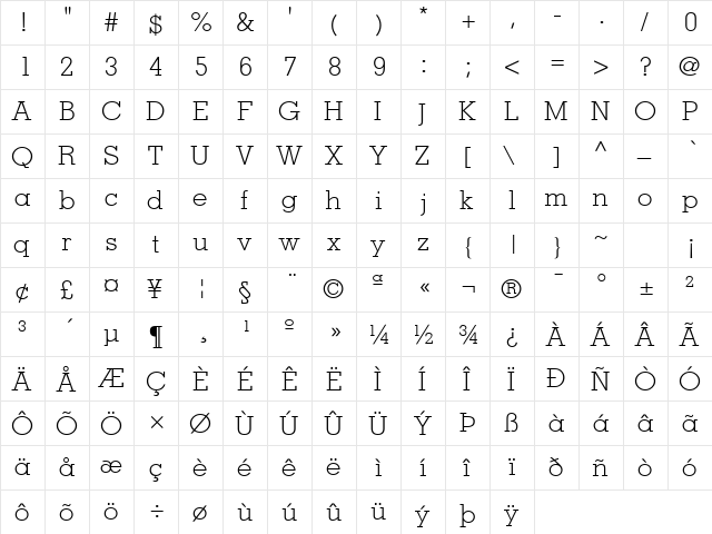 Louisville Regular  glyph index