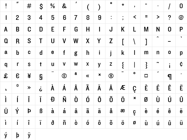 Knockout Medium  glyph index