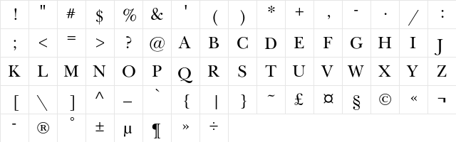 NewBaskervilleExpScC Roman Regular  glyph index