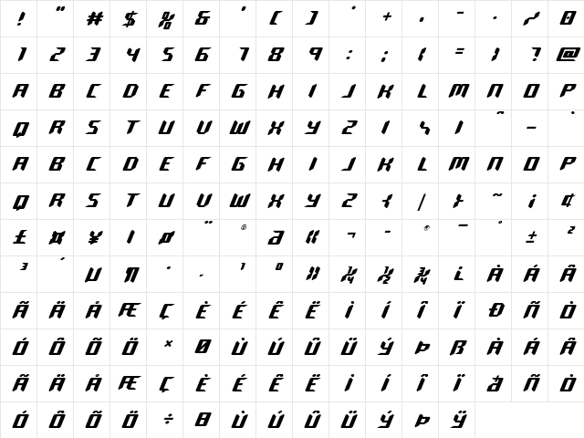 Robo-Clone Title Regular  glyph index