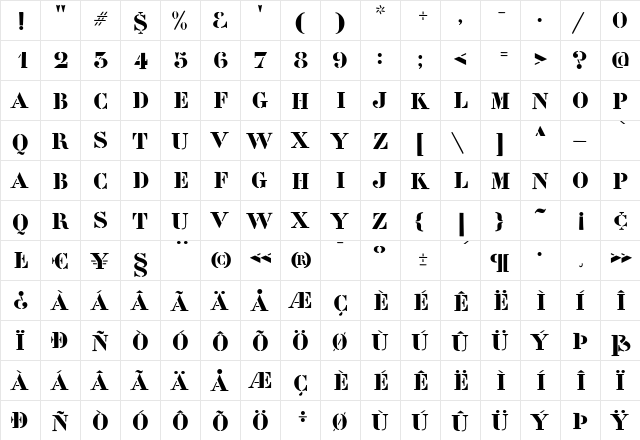 P22PopArt Regular  glyph index