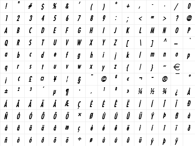 FujiCondensed BoldItalic  glyph index