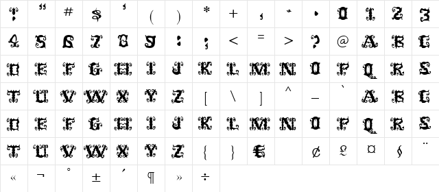 Senorita Regular  glyph index