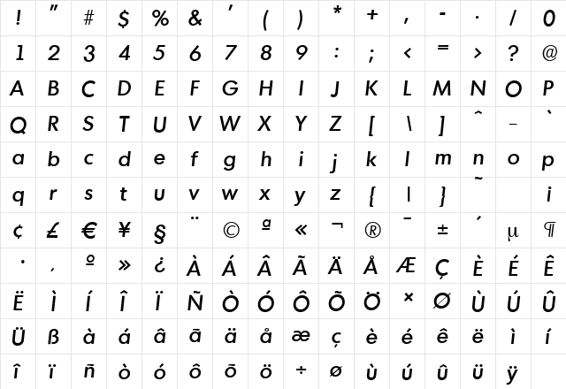 MontrealSerial-Medium Italic  glyph index