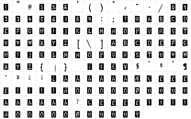 Digital Woodcuts Black ITC TT Regular  glyph index