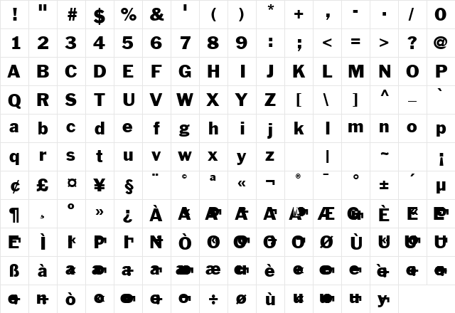 Winamp Regular  glyph index