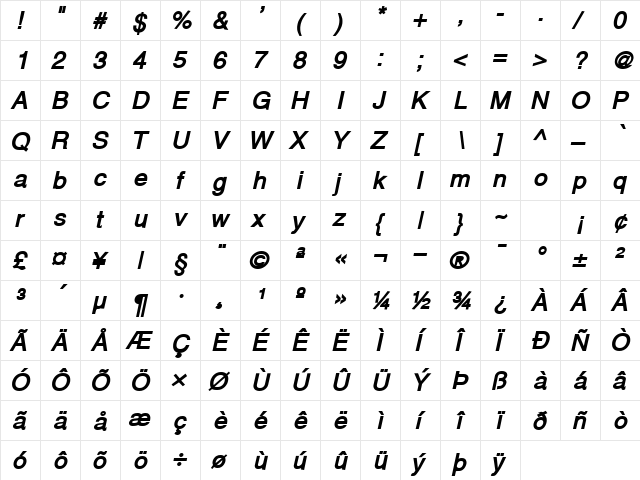 Alps Bold Italic  glyph index