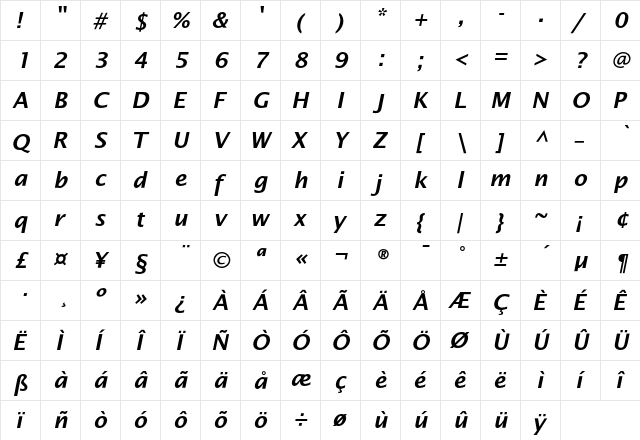 LucidaSansEF DemiBoldIta  glyph index